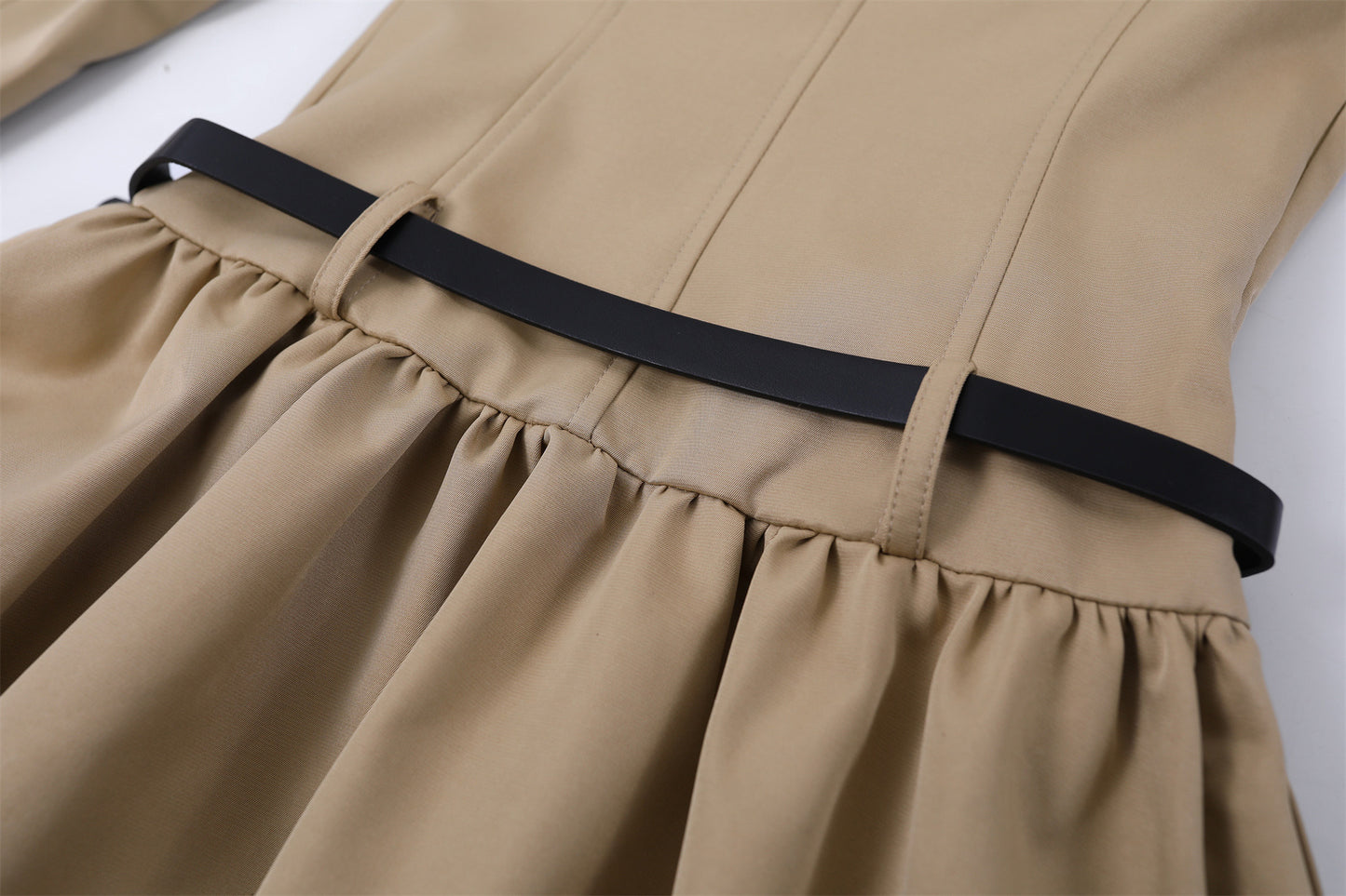 Modern Ruffled Hem V Neck A-Line Mini Skirt Vintage Khaki Belted Waist Short Dress AP7199
