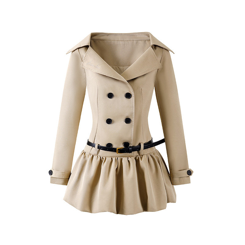 Modern Ruffled Hem V Neck A-Line Mini Skirt Vintage Khaki Belted Waist Short Dress AP7199