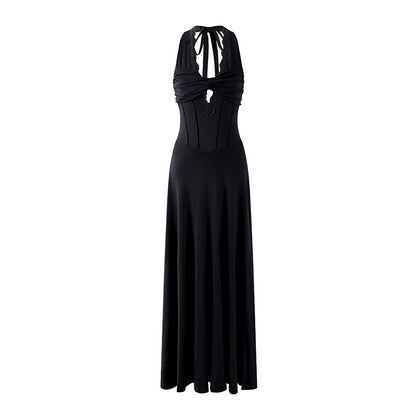 Princess Twisted Knot Bust Structured Corset Maxi Dress Chic Navy Blue Lace Halter Neck A-Line Long Dress AP7200