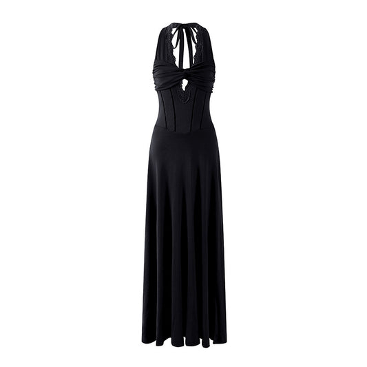 Princess Twisted Knot Bust Structured Corset Maxi Dress Chic Navy Blue Lace Halter Neck A-Line Long Dress AP7200
