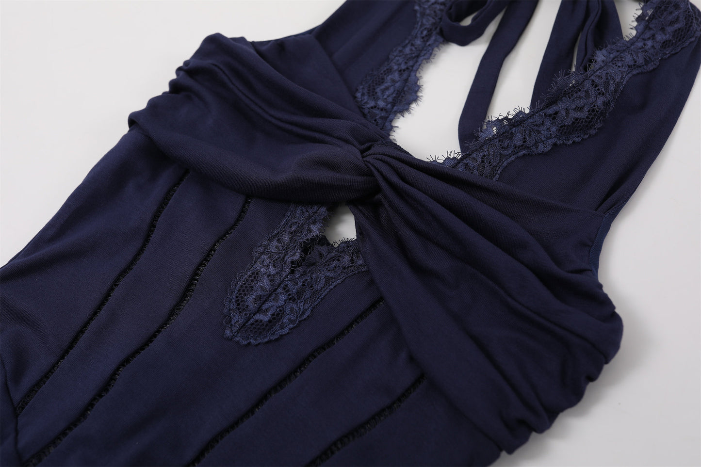 Princess Twisted Knot Bust Structured Corset Maxi Dress Chic Navy Blue Lace Halter Neck A-Line Long Dress AP7200