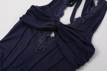 Princess Twisted Knot Bust Structured Corset Maxi Dress Chic Navy Blue Lace Halter Neck A-Line Long Dress AP7200