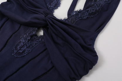 Princess Twisted Knot Bust Structured Corset Maxi Dress Chic Navy Blue Lace Halter Neck A-Line Long Dress AP7200