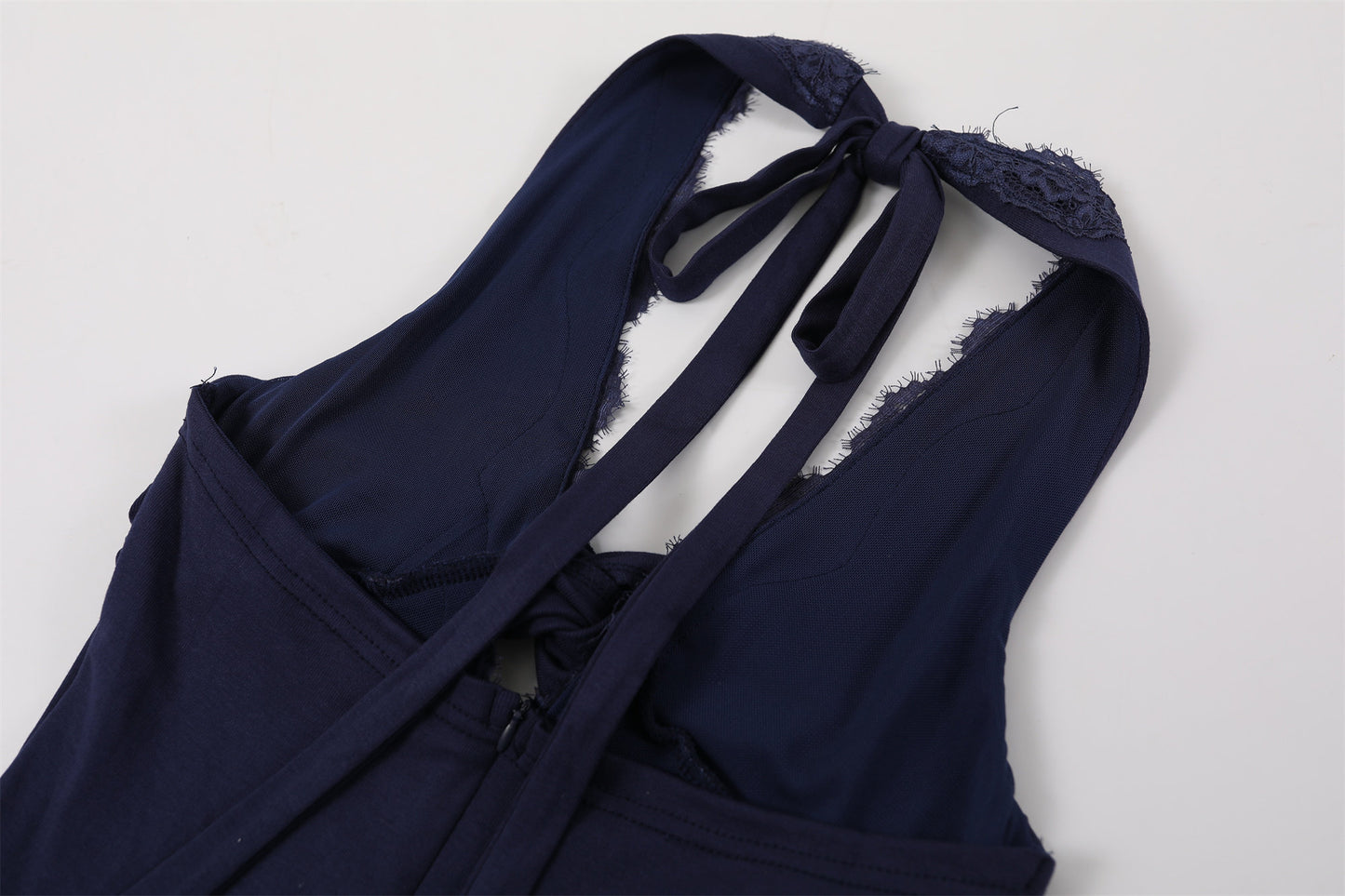 Princess Twisted Knot Bust Structured Corset Maxi Dress Chic Navy Blue Lace Halter Neck A-Line Long Dress AP7200