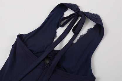 Princess Twisted Knot Bust Structured Corset Maxi Dress Chic Navy Blue Lace Halter Neck A-Line Long Dress AP7200