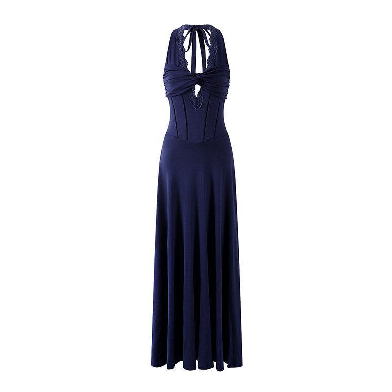 Princess Twisted Knot Bust Structured Corset Maxi Dress Chic Navy Blue Lace Halter Neck A-Line Long Dress AP7200