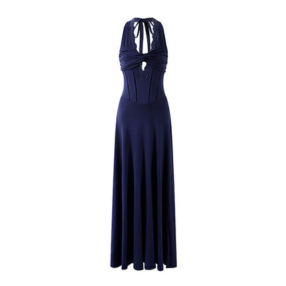 Princess Twisted Knot Bust Structured Corset Maxi Dress Chic Navy Blue Lace Halter Neck A-Line Long Dress AP7200