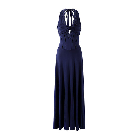 Princess Twisted Knot Bust Structured Corset Maxi Dress Chic Navy Blue Lace Halter Neck A-Line Long Dress AP7200