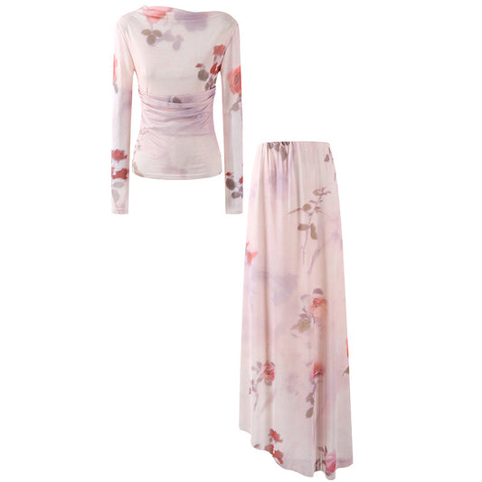 Pretty Ruched Mesh Top A-Line Maxi Dress Y2K Revival Pink Rose Two-Piece for Summer Festivals Long Dress AP7201