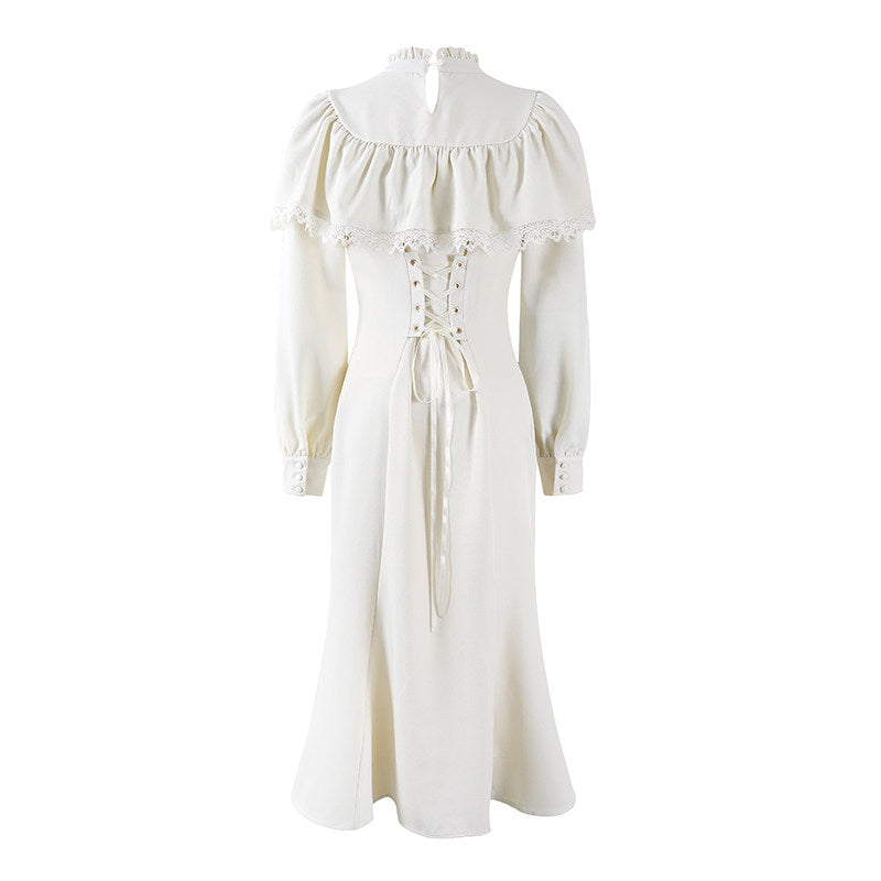 Fancy Puff Sleeves Lace Ruffle Maxi Dress Cottage core Aesthetic White Mermaid for Tea Parties Long Dress AP7202