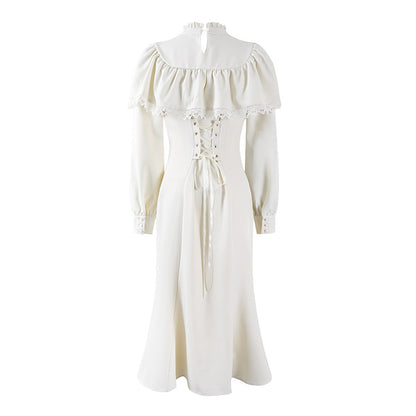Fancy Puff Sleeves Lace Ruffle Maxi Dress Cottage core Aesthetic White Mermaid for Tea Parties Long Dress AP7202