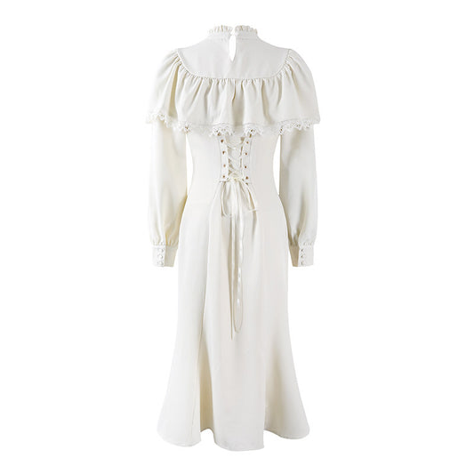 Fancy Puff Sleeves Lace Ruffle Maxi Dress Cottage core Aesthetic White Mermaid for Tea Parties Long Dress AP7202