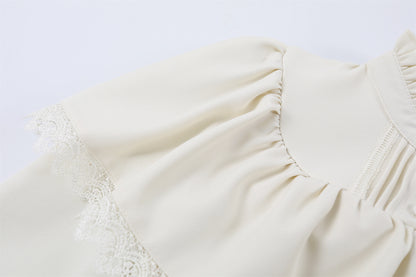 Fancy Puff Sleeves Lace Ruffle Maxi Dress Cottage core Aesthetic White Mermaid for Tea Parties Long Dress AP7202
