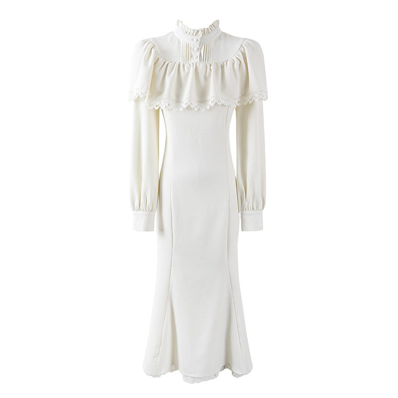 Fancy Puff Sleeves Lace Ruffle Maxi Dress Cottage core Aesthetic White Mermaid for Tea Parties Long Dress AP7202
