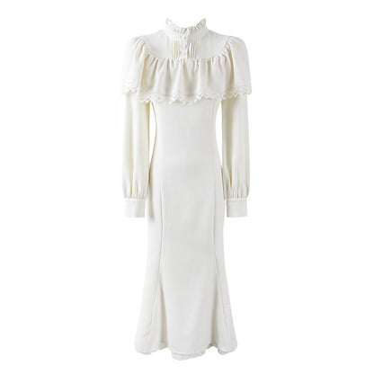 Fancy Puff Sleeves Lace Ruffle Maxi Dress Cottage core Aesthetic White Mermaid for Tea Parties Long Dress AP7202