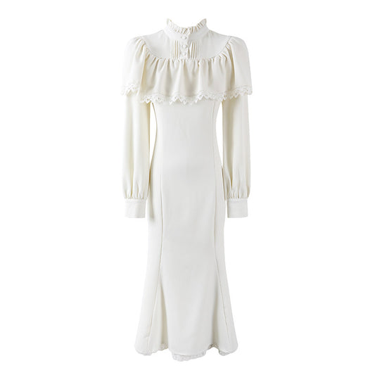 Fancy Puff Sleeves Lace Ruffle Maxi Dress Cottage core Aesthetic White Mermaid for Tea Parties Long Dress AP7202