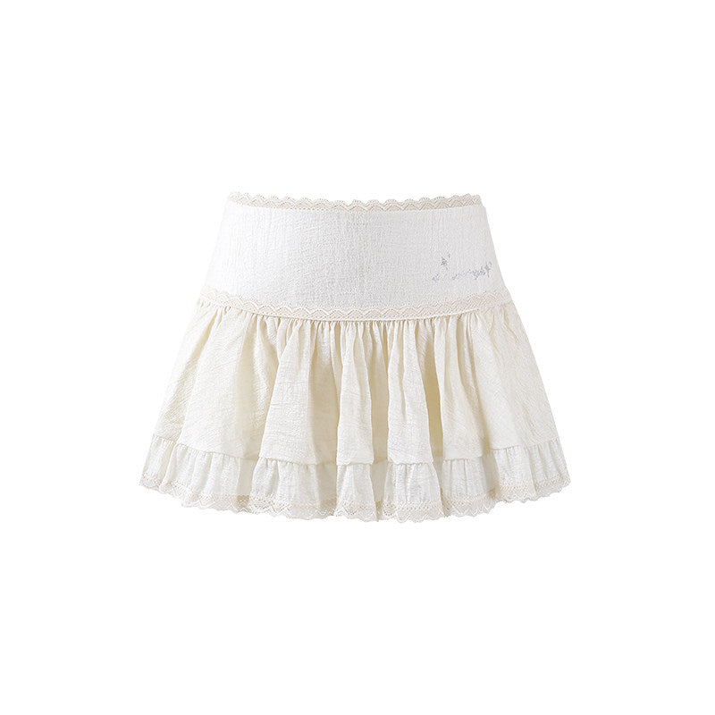 Delicate Ruffled High Neck Top A-Line Mini Skirt Soft Girl Aesthetic White Two-Piece Tiered Lace Short Dress AP7203