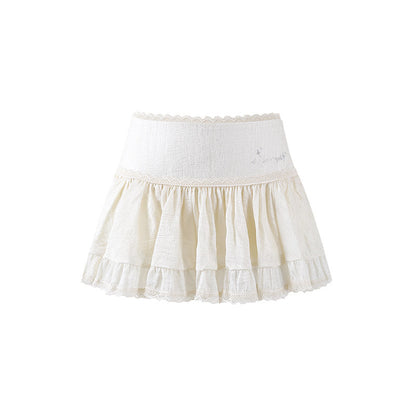 Delicate Ruffled High Neck Top A-Line Mini Skirt Soft Girl Aesthetic White Two-Piece Tiered Lace Short Dress AP7203