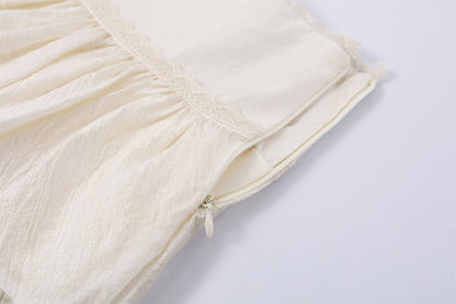 Delicate Ruffled High Neck Top A-Line Mini Skirt Soft Girl Aesthetic White Two-Piece Tiered Lace Short Dress AP7203