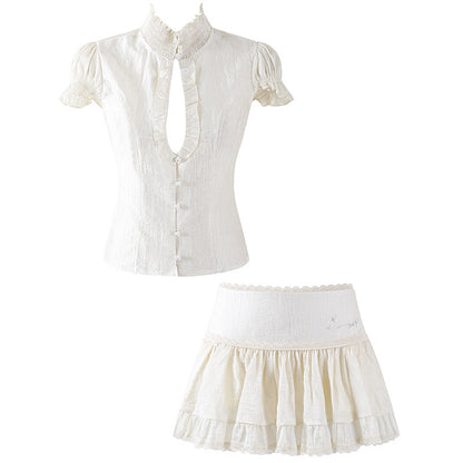 Delicate Ruffled High Neck Top A-Line Mini Skirt Soft Girl Aesthetic White Two-Piece Tiered Lace Short Dress AP7203