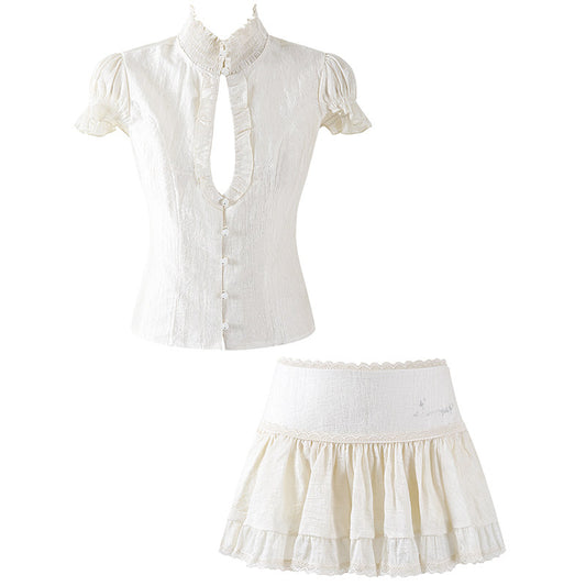 Delicate Ruffled High Neck Top A-Line Mini Skirt Soft Girl Aesthetic White Two-Piece Tiered Lace Short Dress AP7203