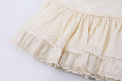 Delicate Ruffled High Neck Top A-Line Mini Skirt Soft Girl Aesthetic White Two-Piece Tiered Lace Short Dress AP7203