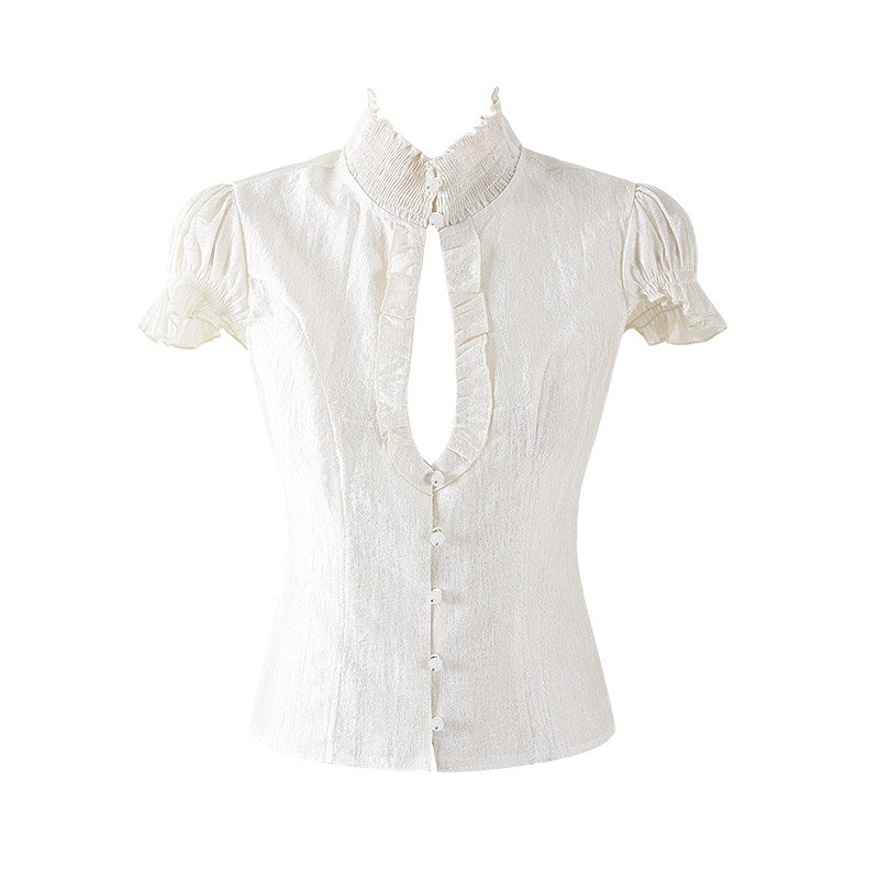 Delicate Ruffled High Neck Top A-Line Mini Skirt Soft Girl Aesthetic White Two-Piece Tiered Lace Short Dress AP7203