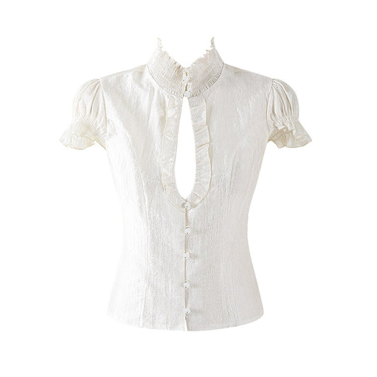 Delicate Ruffled High Neck Top A-Line Mini Skirt Soft Girl Aesthetic White Two-Piece Tiered Lace Short Dress AP7203