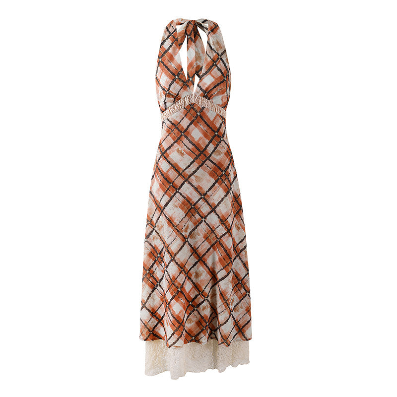 Hot Girls Ruched Waist Lace Hem Maxi Dress Retro Orange Plaid Halter Neck Date Nights A-Line Long Dress AP7204