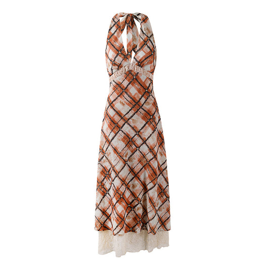 Hot Girls Ruched Waist Lace Hem Maxi Dress Retro Orange Plaid Halter Neck Date Nights A-Line Long Dress AP7204