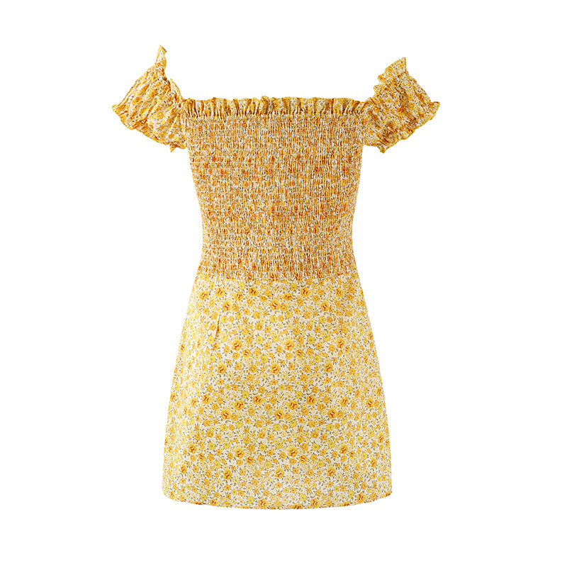 Gen Z Style Ruffled Puff Sleeves A-Line Mini Skirt Vintage Yellow Floral Button Front Short Dress For Brunch Outings AP7205