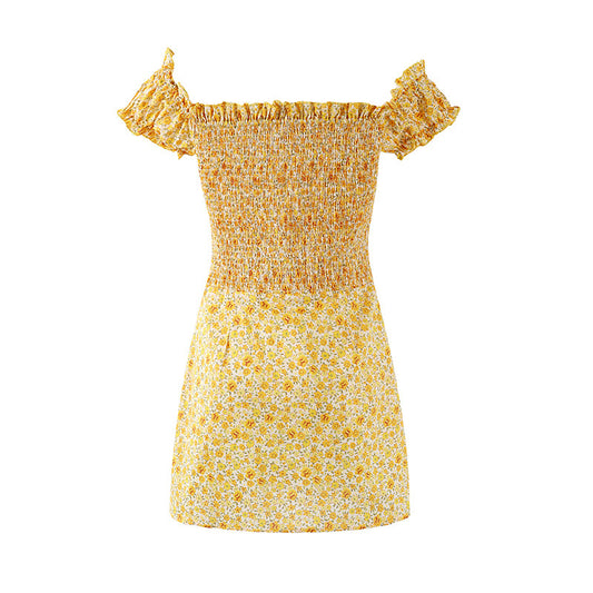 Gen Z Style Ruffled Puff Sleeves A-Line Mini Skirt Vintage Yellow Floral Button Front Short Dress For Brunch Outings AP7205