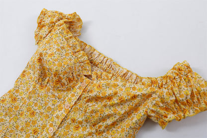 Gen Z Style Ruffled Puff Sleeves A-Line Mini Skirt Vintage Yellow Floral Button Front Short Dress For Brunch Outings AP7205