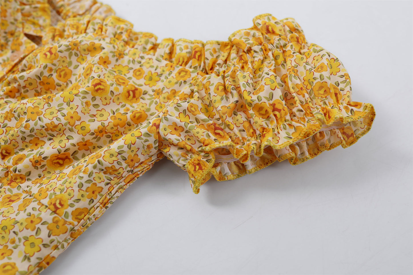 Gen Z Style Ruffled Puff Sleeves A-Line Mini Skirt Vintage Yellow Floral Button Front Short Dress For Brunch Outings AP7205