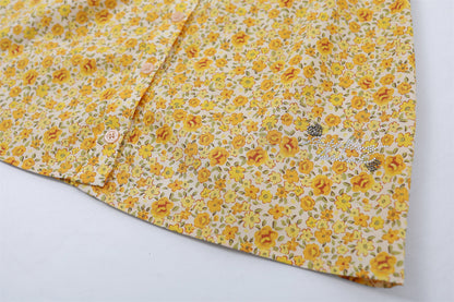 Gen Z Style Ruffled Puff Sleeves A-Line Mini Skirt Vintage Yellow Floral Button Front Short Dress For Brunch Outings AP7205