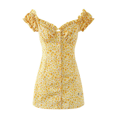 Gen Z Style Ruffled Puff Sleeves A-Line Mini Skirt Vintage Yellow Floral Button Front Short Dress For Brunch Outings AP7205