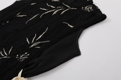 Hottie White Embroidery Waist Ties Jewel Neck A-Line Maxi Dresses Gothic Sleeveless Black Lace Evening Galas Long Dress AP7206