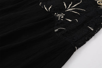 Hottie White Embroidery Waist Ties Jewel Neck A-Line Maxi Dresses Gothic Sleeveless Black Lace Evening Galas Long Dress AP7206