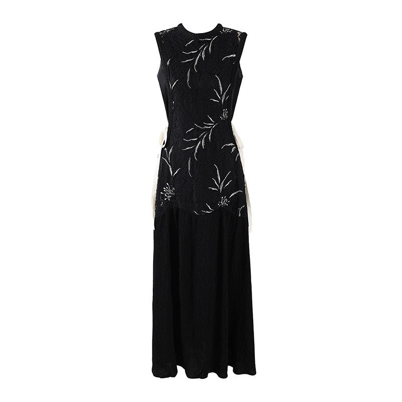Hottie White Embroidery Waist Ties Jewel Neck A-Line Maxi Dresses Gothic Sleeveless Black Lace Evening Galas Long Dress AP7206