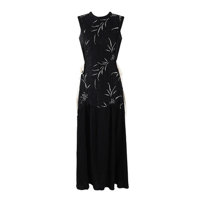 Hottie White Embroidery Waist Ties Jewel Neck A-Line Maxi Dresses Gothic Sleeveless Black Lace Evening Galas Long Dress AP7206