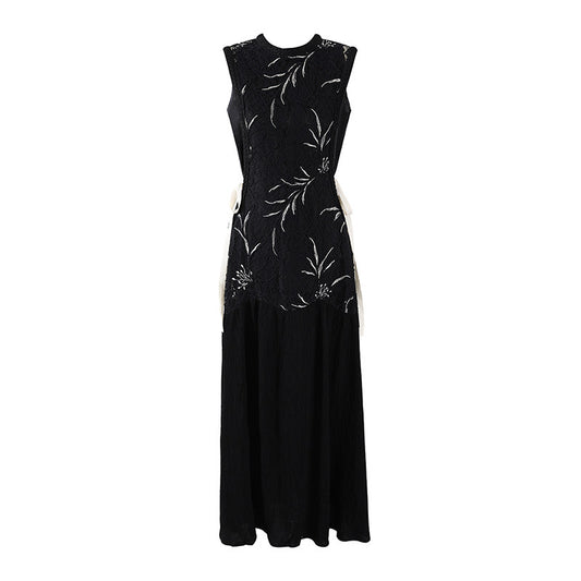 Hottie White Embroidery Waist Ties Jewel Neck A-Line Maxi Dresses Gothic Sleeveless Black Lace Evening Galas Long Dress AP7206