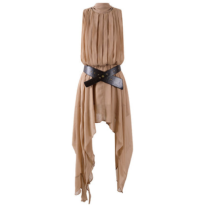 Casual Handkerchief Hem Date Nights A-Line Mini Skirt Boho Beige Sleeveless Chiffon Dress With Cross Leather Belt Short Dress AP7207