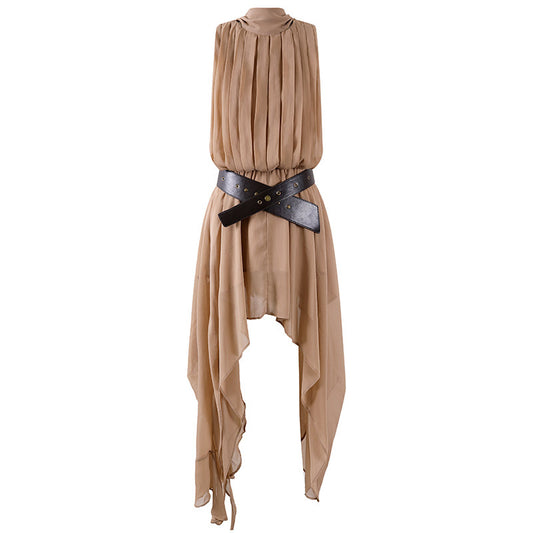 Casual Handkerchief Hem Date Nights A-Line Mini Skirt Boho Beige Sleeveless Chiffon Dress With Cross Leather Belt Short Dress AP7207
