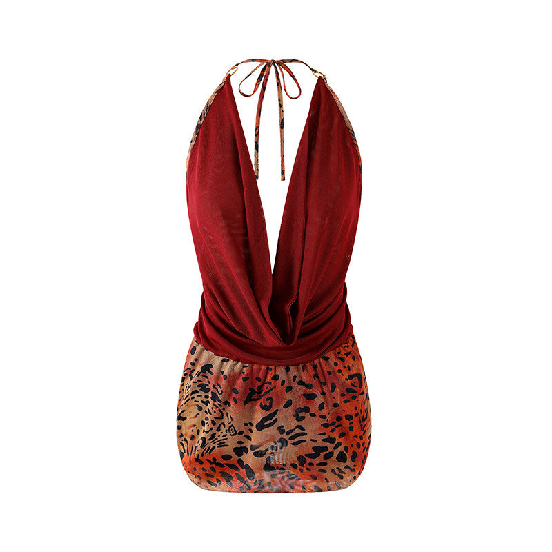 Y2K Draped Cowl Neck Leopard Print Bodycon Mini Skirt Glam Burgundy Halter For Evening Galas Short Dress AP7208
