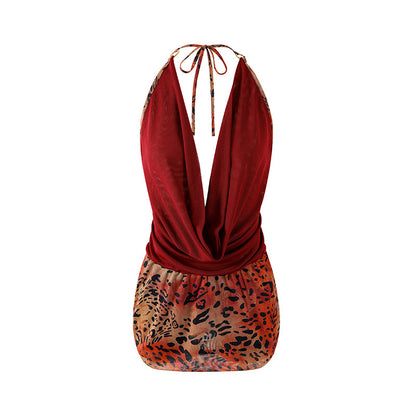 Y2K Draped Cowl Neck Leopard Print Bodycon Mini Skirt Glam Burgundy Halter For Evening Galas Short Dress AP7208