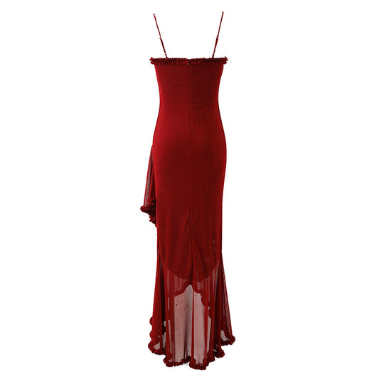 Retro Ruffle Trim Asymmetrical Hem Long Dress Romantic Red Spaghetti Strap Evening Galas Sheath Maxi Dress AP7209