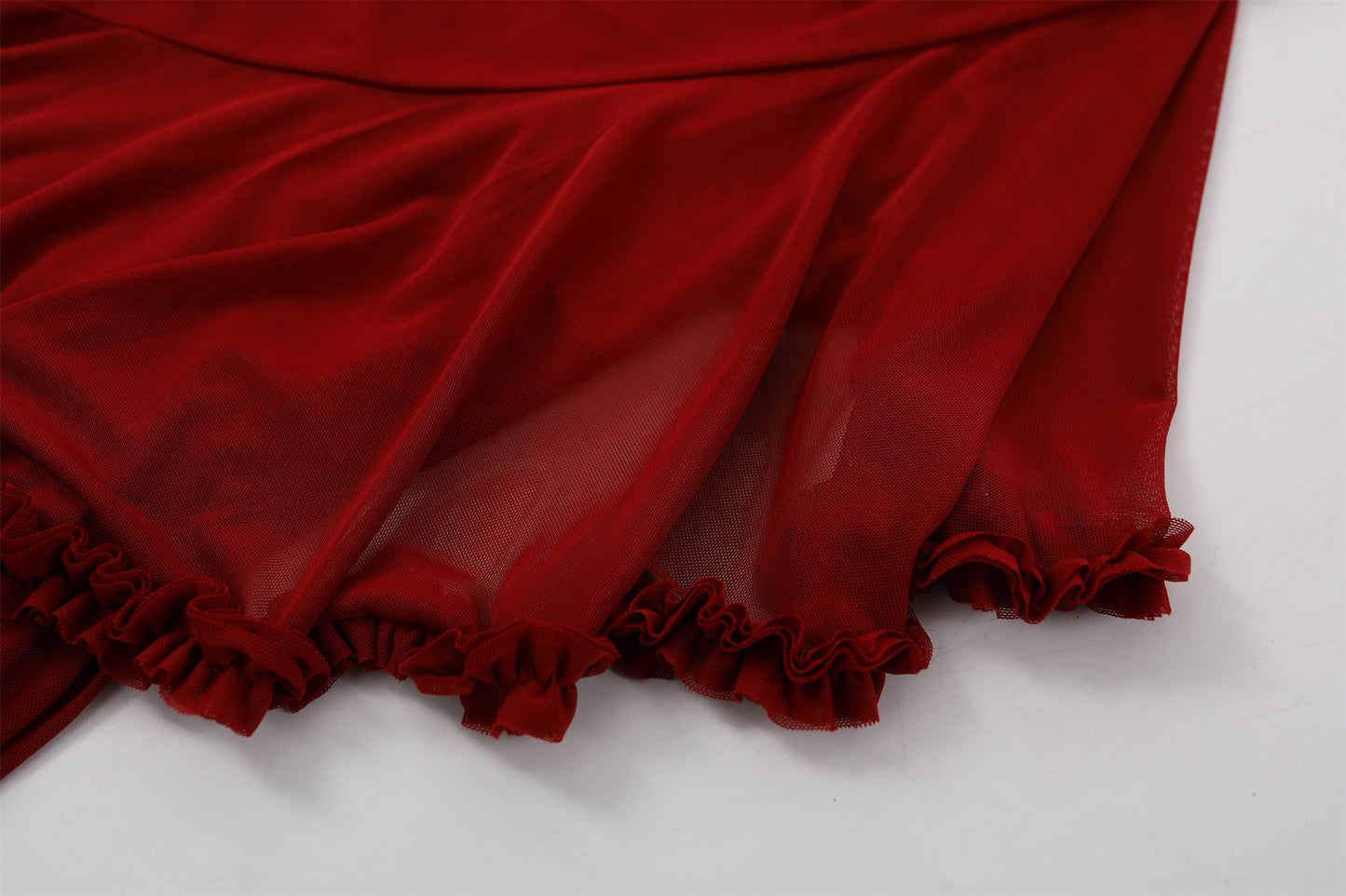 Retro Ruffle Trim Asymmetrical Hem Long Dress Romantic Red Spaghetti Strap Evening Galas Sheath Maxi Dress AP7209