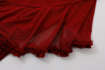 Retro Ruffle Trim Asymmetrical Hem Long Dress Romantic Red Spaghetti Strap Evening Galas Sheath Maxi Dress AP7209