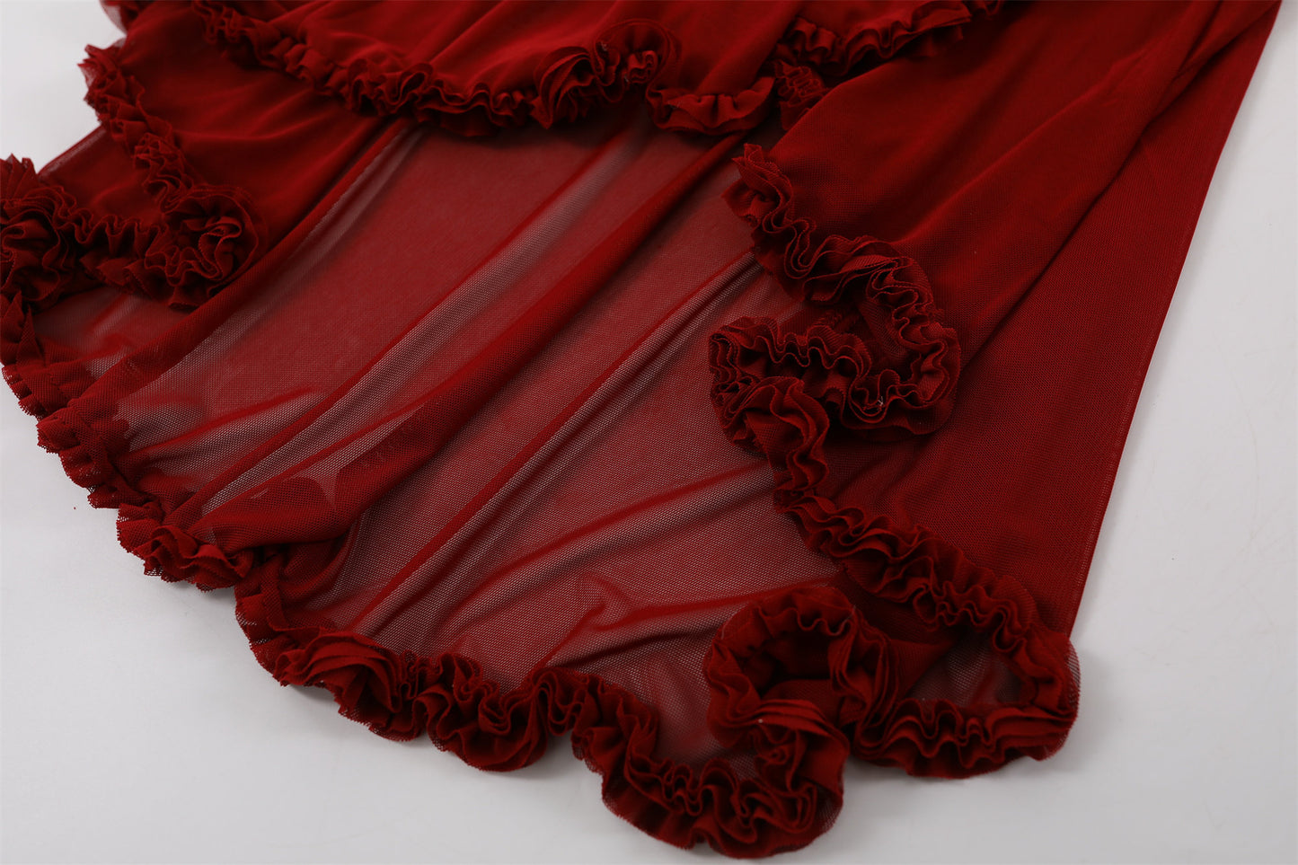 Retro Ruffle Trim Asymmetrical Hem Long Dress Romantic Red Spaghetti Strap Evening Galas Sheath Maxi Dress AP7209