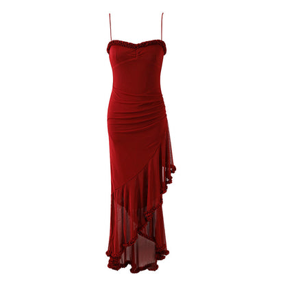Retro Ruffle Trim Asymmetrical Hem Long Dress Romantic Red Spaghetti Strap Evening Galas Sheath Maxi Dress AP7209